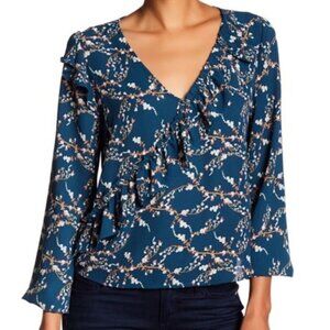 Melrose and Market Floral Blue Teal Ruffle Blouse Top EUC M